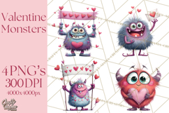 Valentine Monster Clipart PNG, Cute Valentine Monsters, Kids Product Image 1