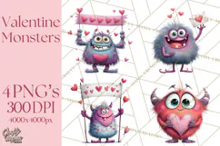 Valentine Monster Clipart PNG, Cute Valentine Monsters, Kids Product Image 1