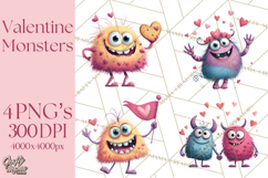 Valentine Monster Clipart PNG, Cute Valentine Monsters, Kids Product Image 1