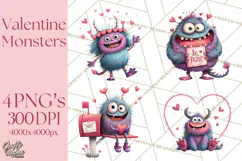 Valentine Monster Clipart PNG, Cute Valentine Monsters, Kids Product Image 1