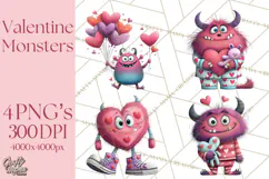 Valentine Monster Clipart PNG, Cute Valentine Monsters, Kids Product Image 1