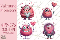 Valentine Monster Clipart PNG, Cute Valentine Monsters, Kids Product Image 1