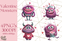 Valentine Monster Clipart PNG, Cute Valentine Monsters, Kids Product Image 1