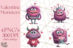 Valentine Monster Clipart PNG, Cute Valentine Monsters, Kids Product Image 1
