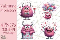 Valentine Monster Clipart PNG, Cute Valentine Monsters, Kids Product Image 1