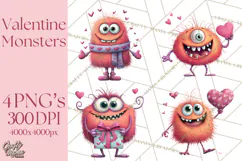 Valentine Monster Clipart PNG, Cute Valentine Monsters, Kids Product Image 1