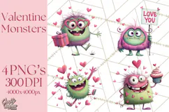 Valentine Monster Clipart PNG, Cute Valentine Monsters, Kids Product Image 1