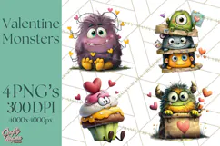 Quirky Valentine Monster Clipart PNG for Cute Printable Product Image 1