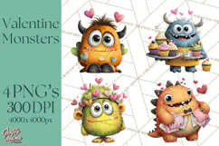 Quirky Valentine Monster Clipart PNG for Cute Printable Product Image 1