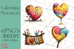 Quirky Valentine Monster Clipart PNG for Cute Printable Product Image 1