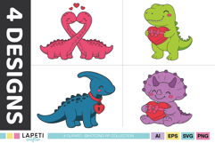 Cute dinosaur Valentine party clipart with hearts and love themed illustrations perfect for invitations decorations and party crafts