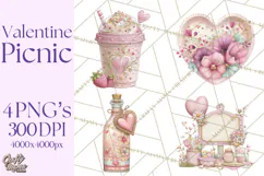 Valentine Picnic Party Clipart, Pink Heart Picnic PNG Product Image 1