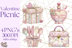Valentine Picnic Party Clipart, Pink Heart Picnic PNG Product Image 1