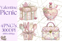 Valentine Picnic Party Clipart, Pink Heart Picnic PNG Product Image 1
