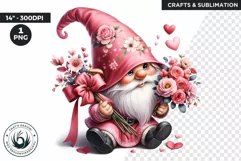 Valentine Pink Gnome PNG clipart, Pastel gnome with flowers Product Image 1