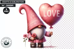 Valentine Pink Gnome with Heart balloon PNG clipart, Pastel Product Image 1