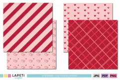 Valentine scrapbook patterns combining heart designs, XOXO lettering, geometric plaid and striped backgrounds.