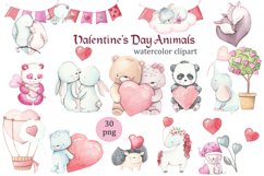 Valentine's Day Watercolor PNG. Animals in Love Clipart Product Image 1