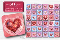 Square Coaster Valentine Coasters Bundle contains 36 designs with watercolor Hearts with flower PNG. This is a standard square coaster 4&#039;&#039; x 4&#039;&#039; you can also use it as a keychain sublimation design.