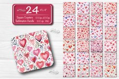 Square Coaster Valentine Coasters Bundle contains 24 designs with watercolor Hearts and flowers PNG. This is a standard square coaster 4&#039;&#039; x 4&#039;&#039; you can also use it as a keychain sublimation design.