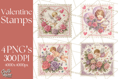 Vintage Valentine Postage Stamps, Cherubs, Hearts, Roses PNG Product Image 1