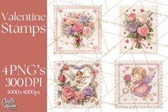 Vintage Valentine Postage Stamps, Cherubs, Hearts, Roses PNG Product Image 1