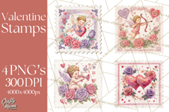 Vintage Valentine Postage Stamps, Cherubs, Hearts, Roses PNG Product Image 1