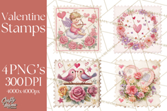 Vintage Valentine Postage Stamps, Cherubs, Hearts, Roses PNG Product Image 1