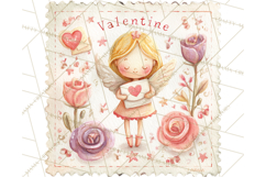 Vintage Valentine Postage Stamps, Cherubs, Hearts, Roses PNG Product Image 2
