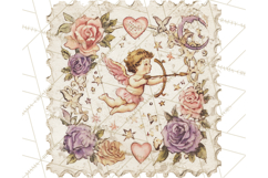 Vintage Valentine Postage Stamps, Cherubs, Hearts, Roses PNG Product Image 4