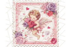 Vintage Valentine Postage Stamps, Cherubs, Hearts, Roses PNG Product Image 2