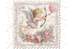 Vintage Valentine Postage Stamps, Cherubs, Hearts, Roses PNG Product Image 2
