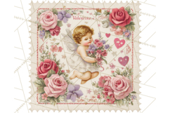 Vintage Valentine Postage Stamps, Cherubs, Hearts, Roses PNG Product Image 2