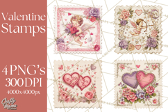 Vintage Valentine Postage Stamps, Cherubs, Hearts, Roses PNG Product Image 1