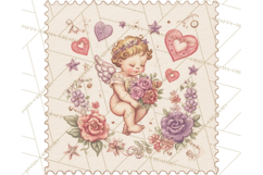 Vintage Valentine Postage Stamps, Cherubs, Hearts, Roses PNG Product Image 4