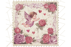 Vintage Valentine Postage Stamps, Cherubs, Hearts, Roses PNG Product Image 2