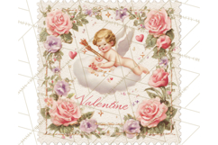 Vintage Valentine Postage Stamps, Cherubs, Hearts, Roses PNG Product Image 5