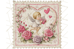 Vintage Valentine Postage Stamps, Cherubs, Hearts, Roses PNG Product Image 2