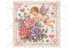 Vintage Valentine Postage Stamps, Cherubs, Hearts, Roses PNG Product Image 4