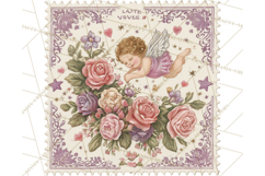 Vintage Valentine Postage Stamps, Cherubs, Hearts, Roses PNG Product Image 5