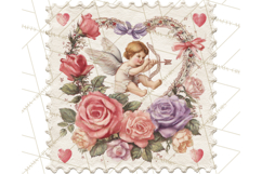 Vintage Valentine Postage Stamps, Cherubs, Hearts, Roses PNG Product Image 4