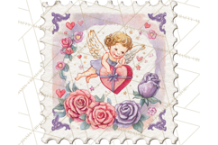 Vintage Valentine Postage Stamps, Cherubs, Hearts, Roses PNG Product Image 2