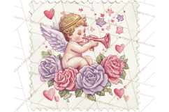Vintage Valentine Postage Stamps, Cherubs, Hearts, Roses PNG Product Image 4