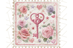 Vintage Valentine Postage Stamps, Cherubs, Hearts, Roses PNG Product Image 3