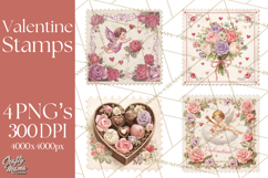 Vintage Valentine Postage Stamps, Cherubs, Hearts, Roses PNG Product Image 1