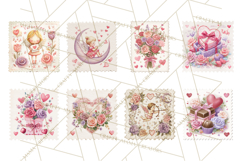 Vintage Valentine Postage Stamps, Cherubs, Hearts, Roses PNG Product Image 2