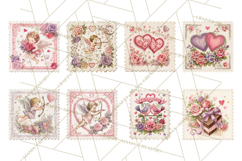 Vintage Valentine Postage Stamps, Cherubs, Hearts, Roses PNG Product Image 6