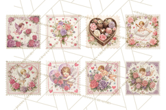 Vintage Valentine Postage Stamps, Cherubs, Hearts, Roses PNG Product Image 8