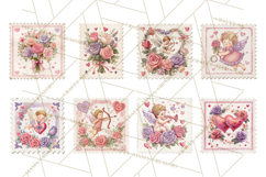 Vintage Valentine Postage Stamps, Cherubs, Hearts, Roses PNG Product Image 3