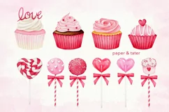 Watercolor Valentine Sweets Clipart, Love Cookie Cupcake PNG Product Image 4